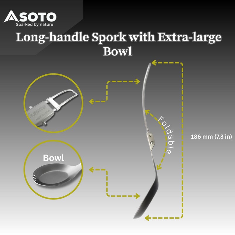 SOTO Foldable Pocket Camping Spork - Stainless Steel & Ultralight Backpacking Spoon Fork with Long Handle for Travel, Hiking, Picnic, & Outdoor - Image 2